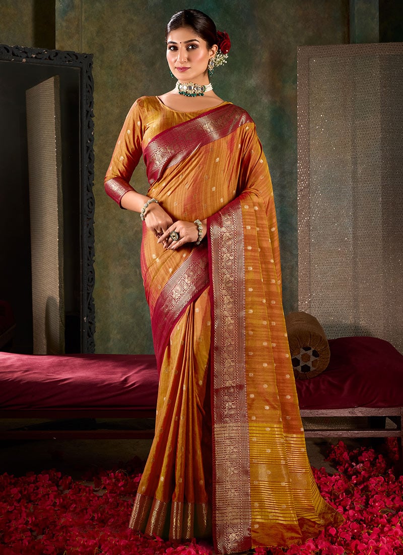 Rust Shimmer Tussar Silk Jacquard Zari Saree Festive Wear
