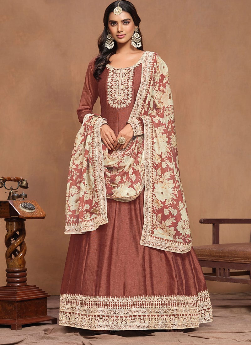 Rust Silk Embroidered Sequins Anarkali Suit With Floral Printed Dupatta Festive Wear
