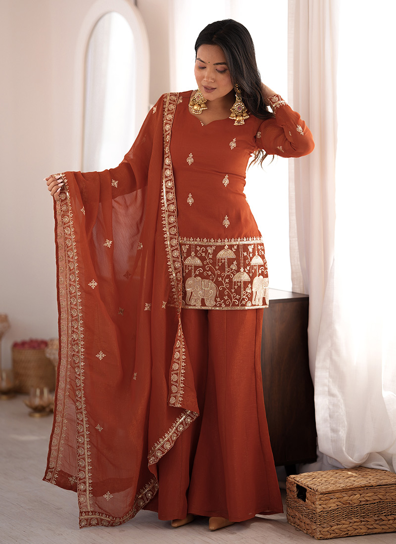 Rust Silk Embroidered Sequins Palazzo Suit Festive Wear