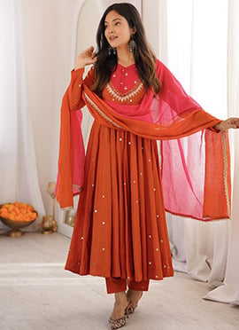Rust Silk Embroidered Sequins With MirrorWork Anrakali Suit