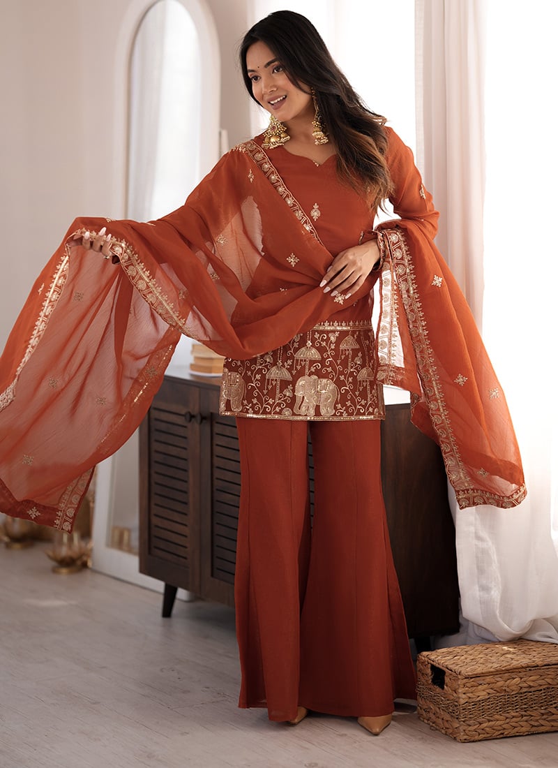 Rust Silk Embroidered Sequins Zari Palazzo Suit Festive Wear