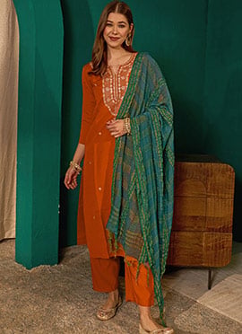 Rust Silk Embroidered Straight Pant Suit