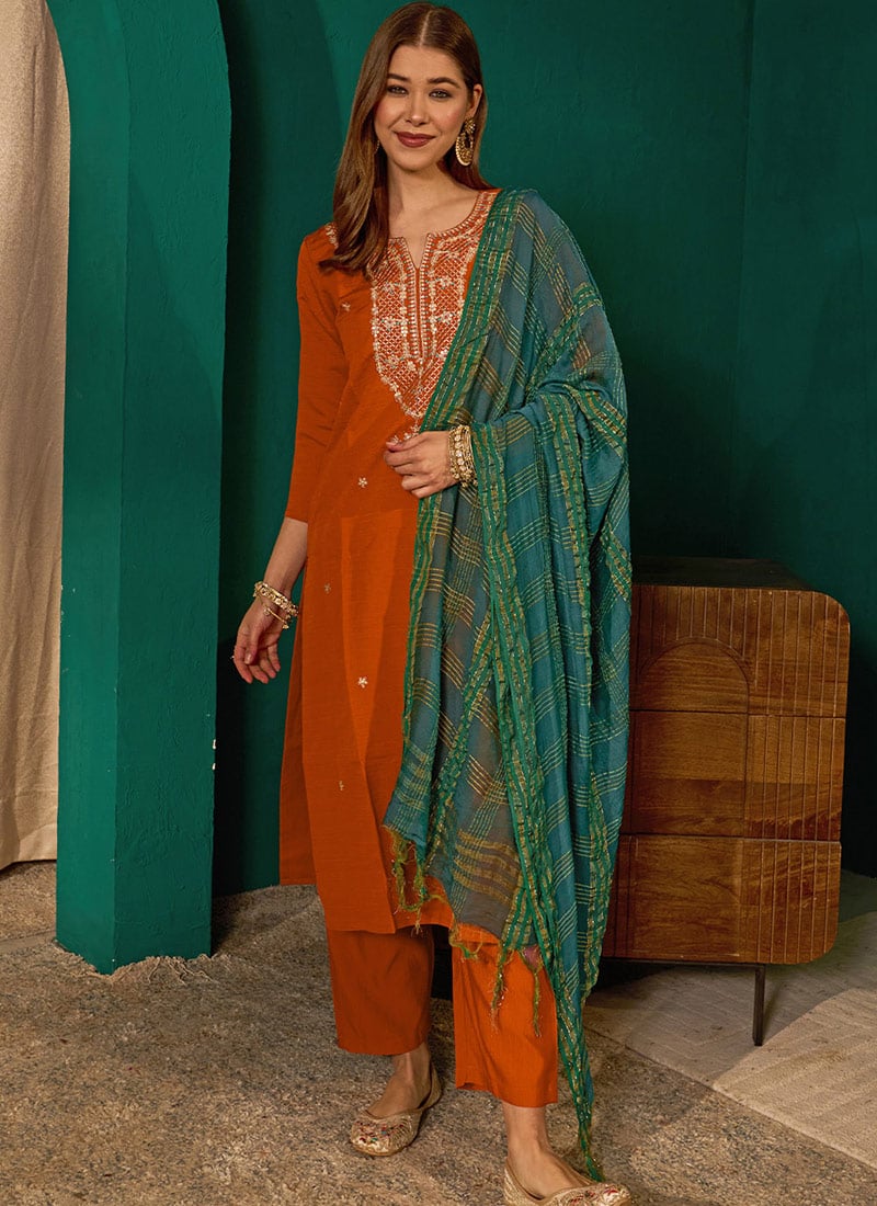 Rust Silk Embroidered Straight Pant Suit Festive Wear