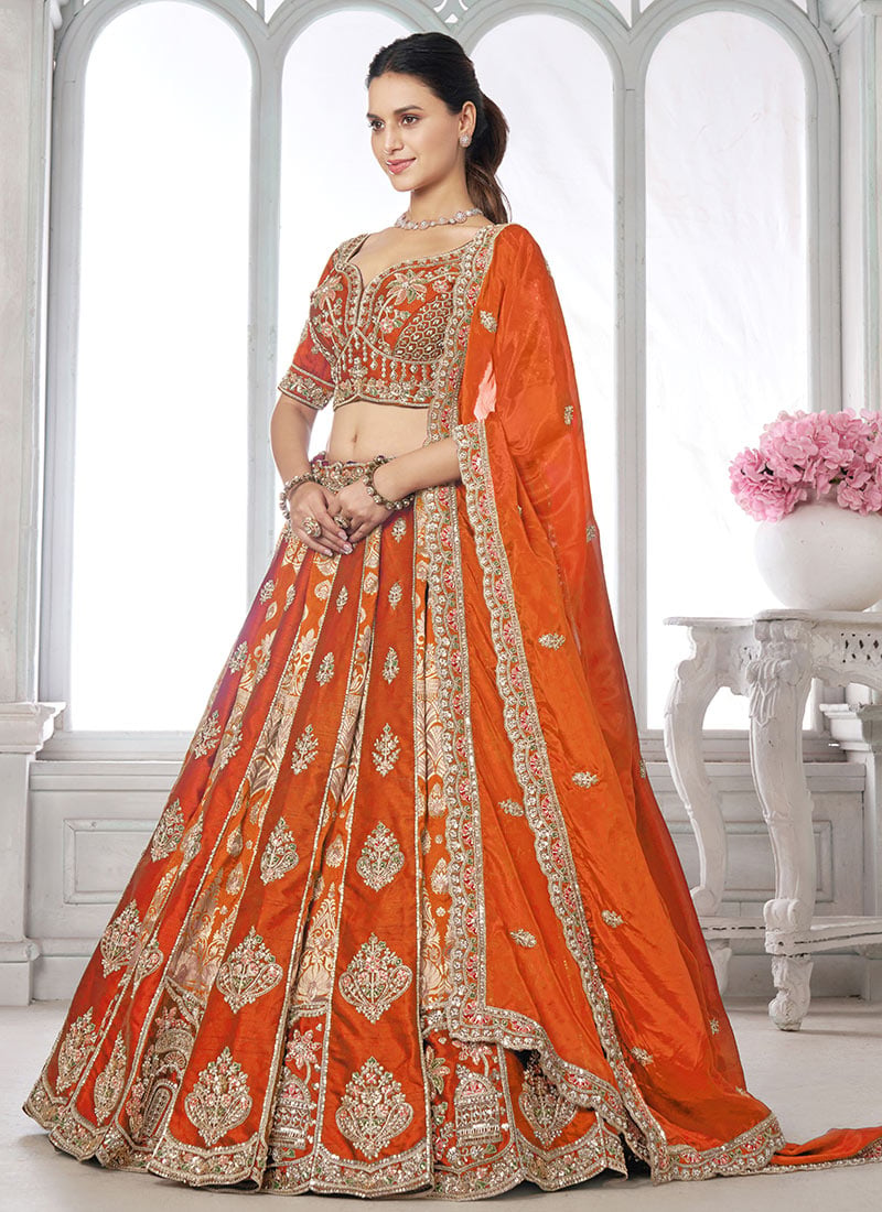 Rust Silk Hand Embroidered Embroidered Lehenga Wedding Wear