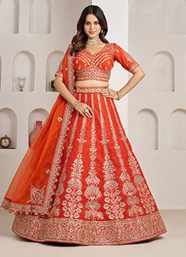 Rust Silk Intricate Floral Embroidered Lehenga