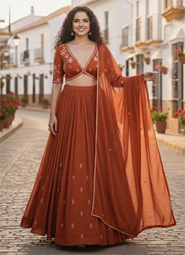 Rust Silk Resham Work Lehenga