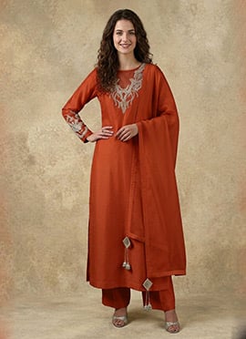 Rust Silk Silk Hand Embroidered Sequins Beads Straight Pant Suit