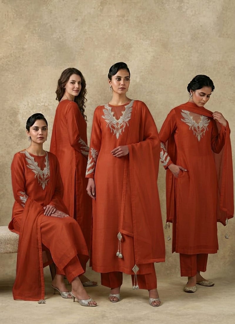 Rust Silk Silk Hand Embroidered Sequins Beads Straight Pant Suit Festive Wear