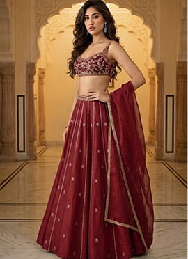 Rust Silk Stones Sequins Zari Hand Embroidered Lehenga