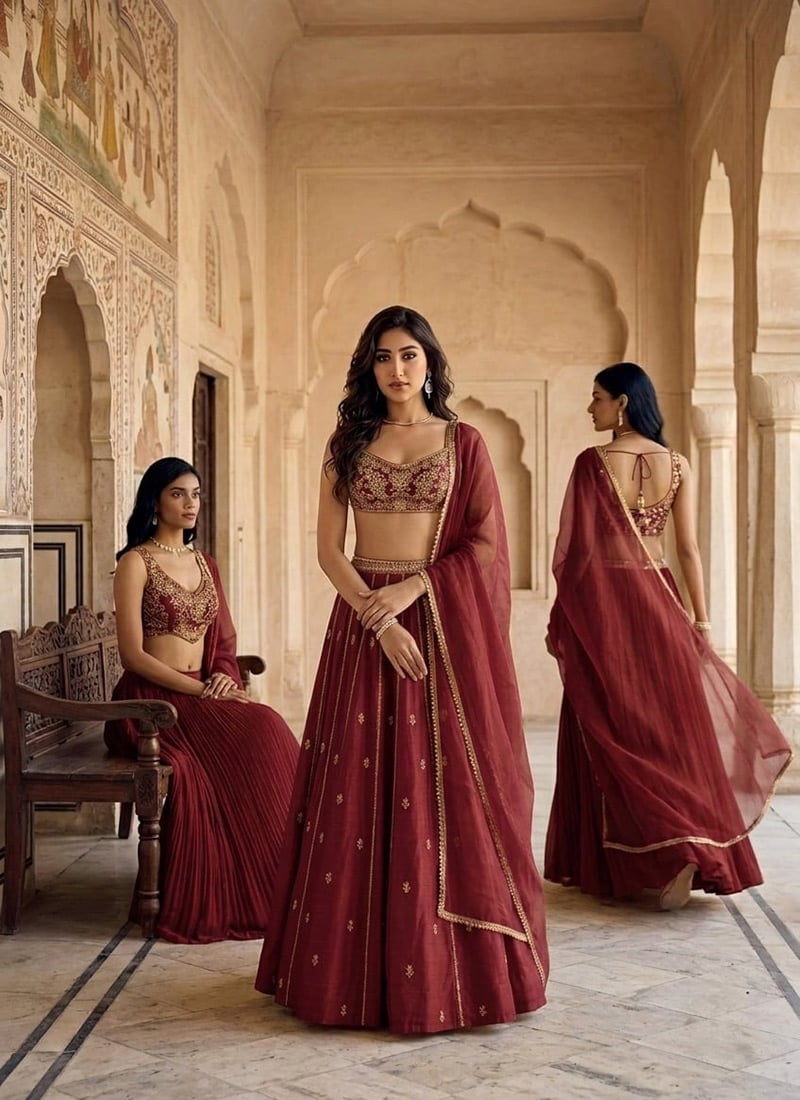 Rust Silk Stones Sequins Zari Hand Embroidered Lehenga Wedding Wear