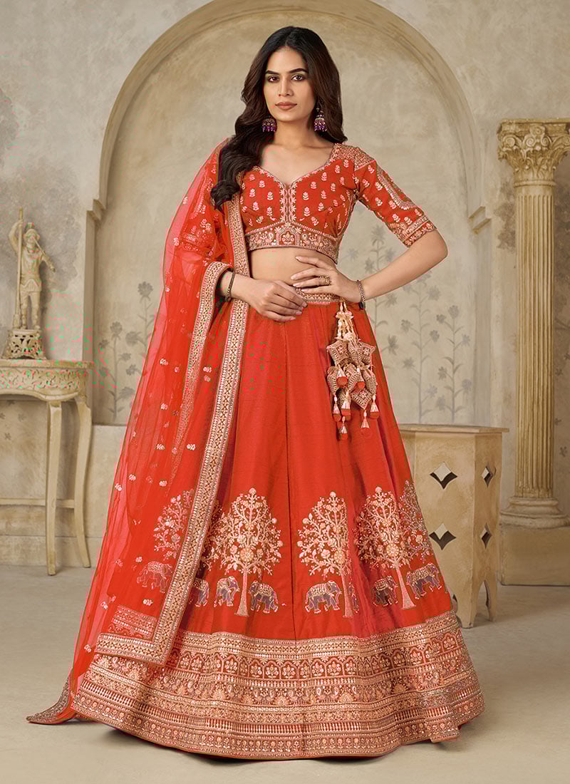 Rust Silk Zari Embroidered Sequins Lehenga Choli  Wedding Wear