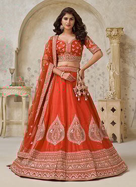 Rust Silk Zari Embroidered Sequins Lehenga Choli