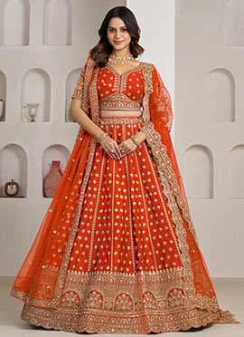 Rust Silk Zari Embroidered Sequins Lehenga