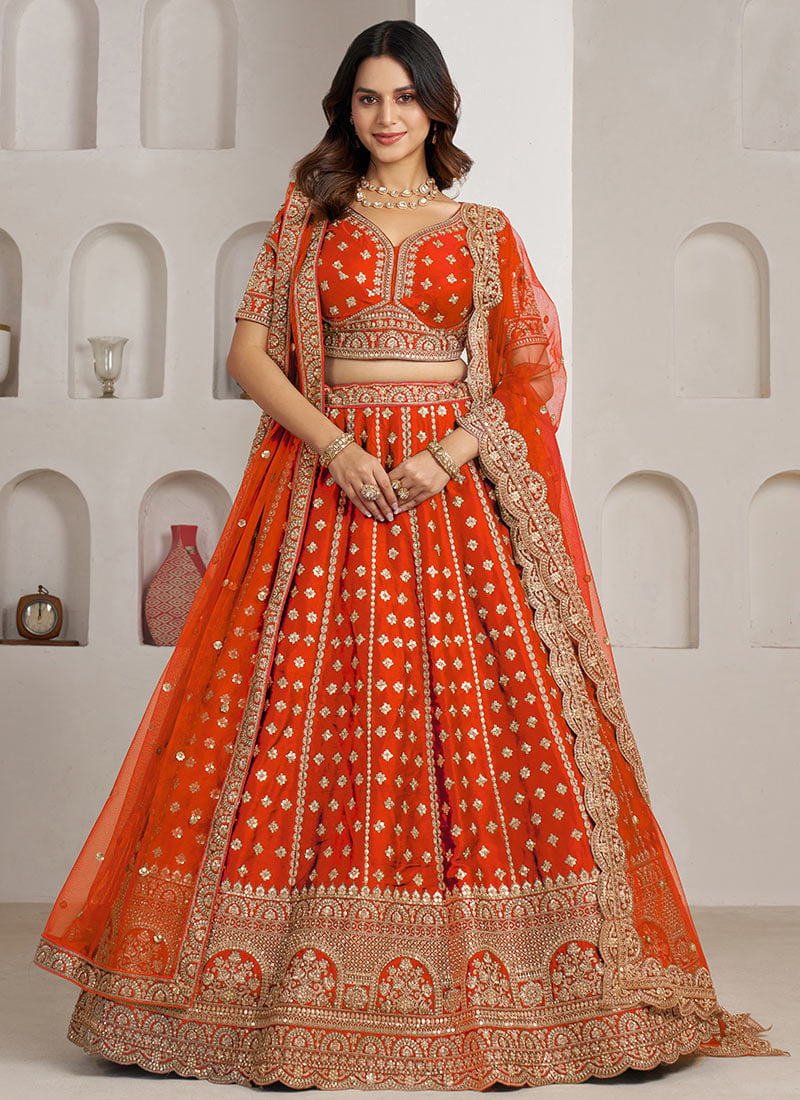 Rust Silk Zari Embroidered Sequins Lehenga Wedding Wear