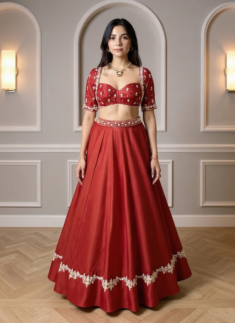 Rust Silk Zari Hand Embroidered Sequins Lehenga