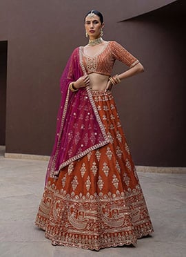 Rust Silk Zari Hand Embroidered Sequins Lehenga