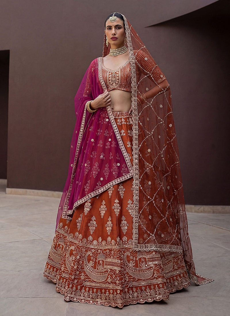 Rust Silk Zari Hand Embroidered Sequins Lehenga Wedding Wear