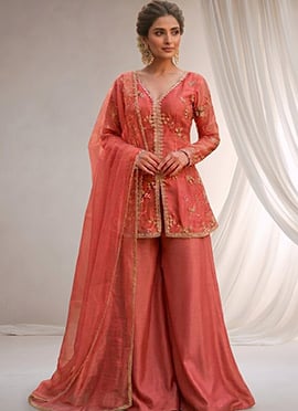 Rust Silk Zari Sequins Palazzo Suit