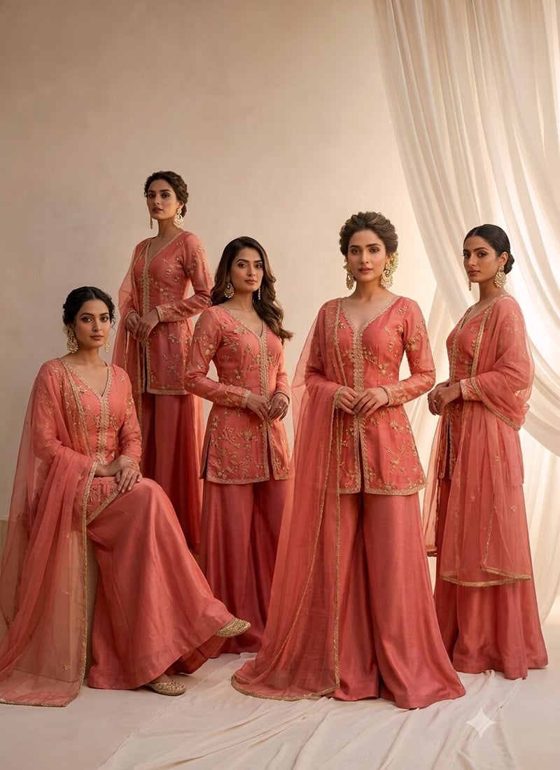 Rust Silk Zari Sequins Palazzo Suit Festive Wear