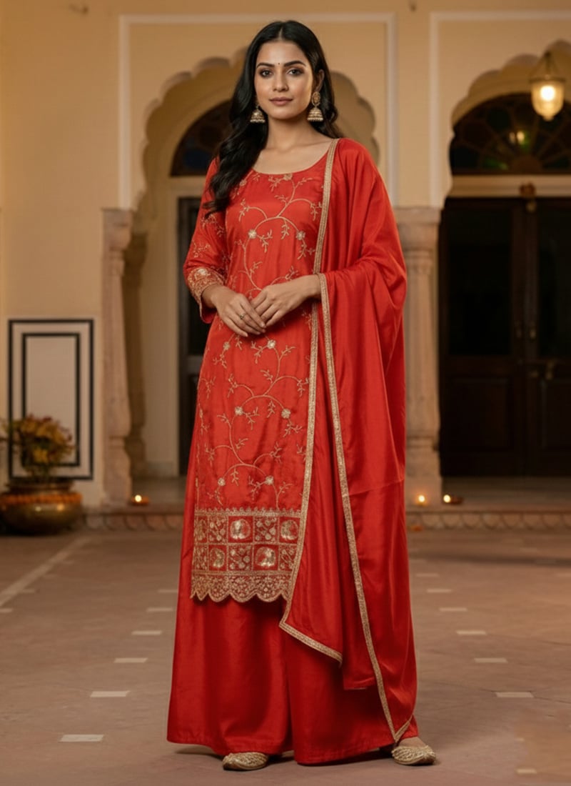 Rust Silk Zari Sequins Palazzo Suit Festive Wear