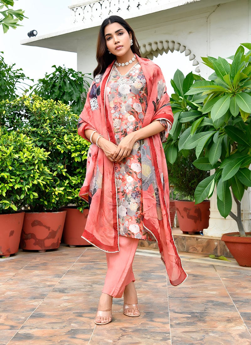 Rust Tissue Floral Print Embroidered Straight Pant Suit  After Six Wear