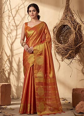 Rust Tissue Silk Zari Jacquard Woven Saree