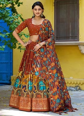 Rust Tussar Silk Kalamkari Lehenga
