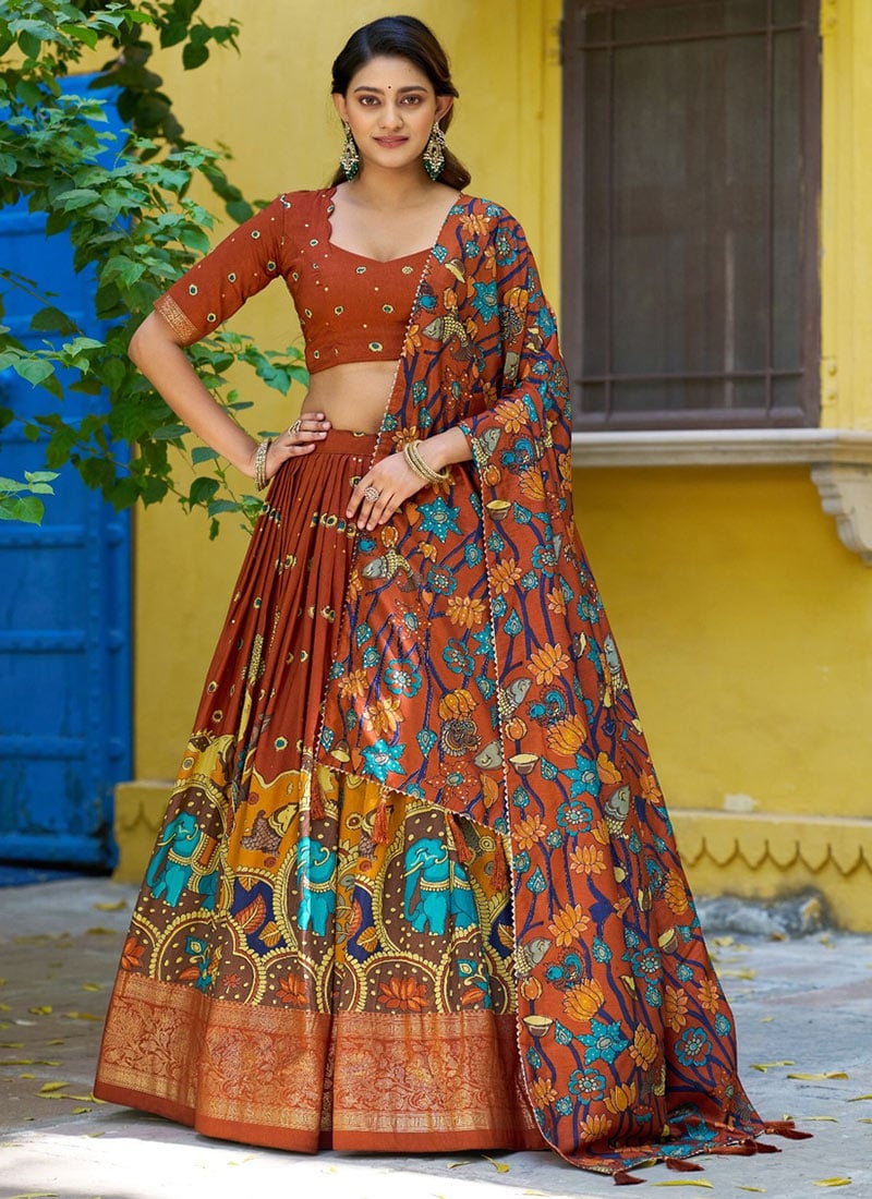 Rust Tussar Silk Kalamkari Lehenga Festive Wear