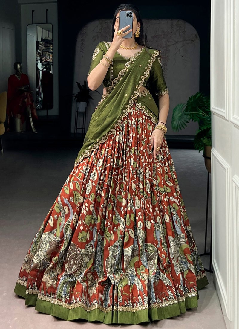 Rust Tussar Silk Kalamkari Print Lehenga Festive Wear