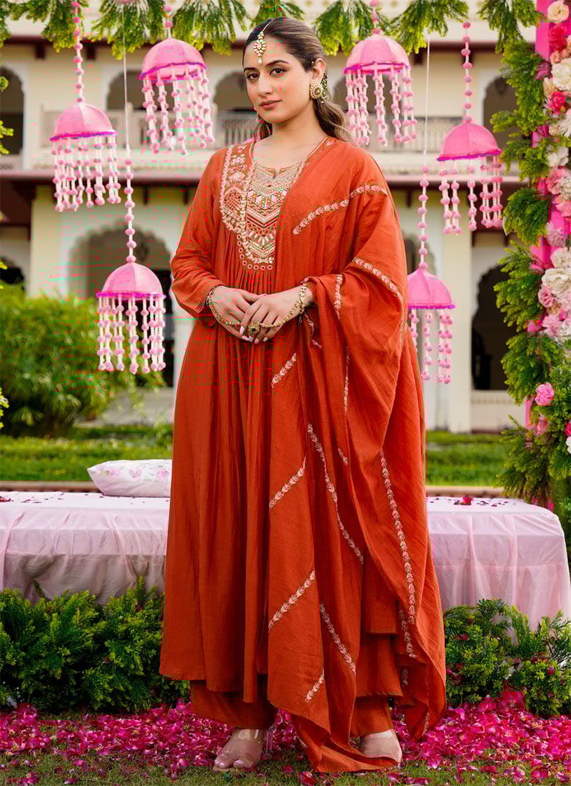 Rust Vichitra Silk Embroidered Anarkali Suit After Six Wear