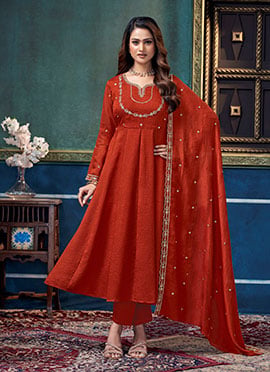 Rust Vichitra Silk Embroidered Sequins Anarkali Suit