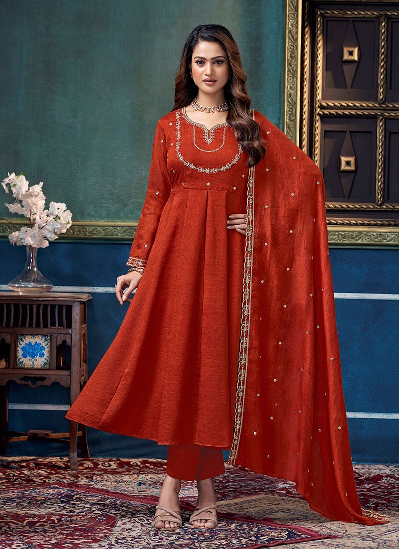 Rust Vichitra Silk Embroidered Sequins Anarkali Suit After Six Wear