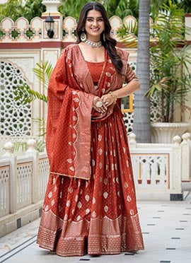 Rust Vichitra Silk Foil Print Lehenga