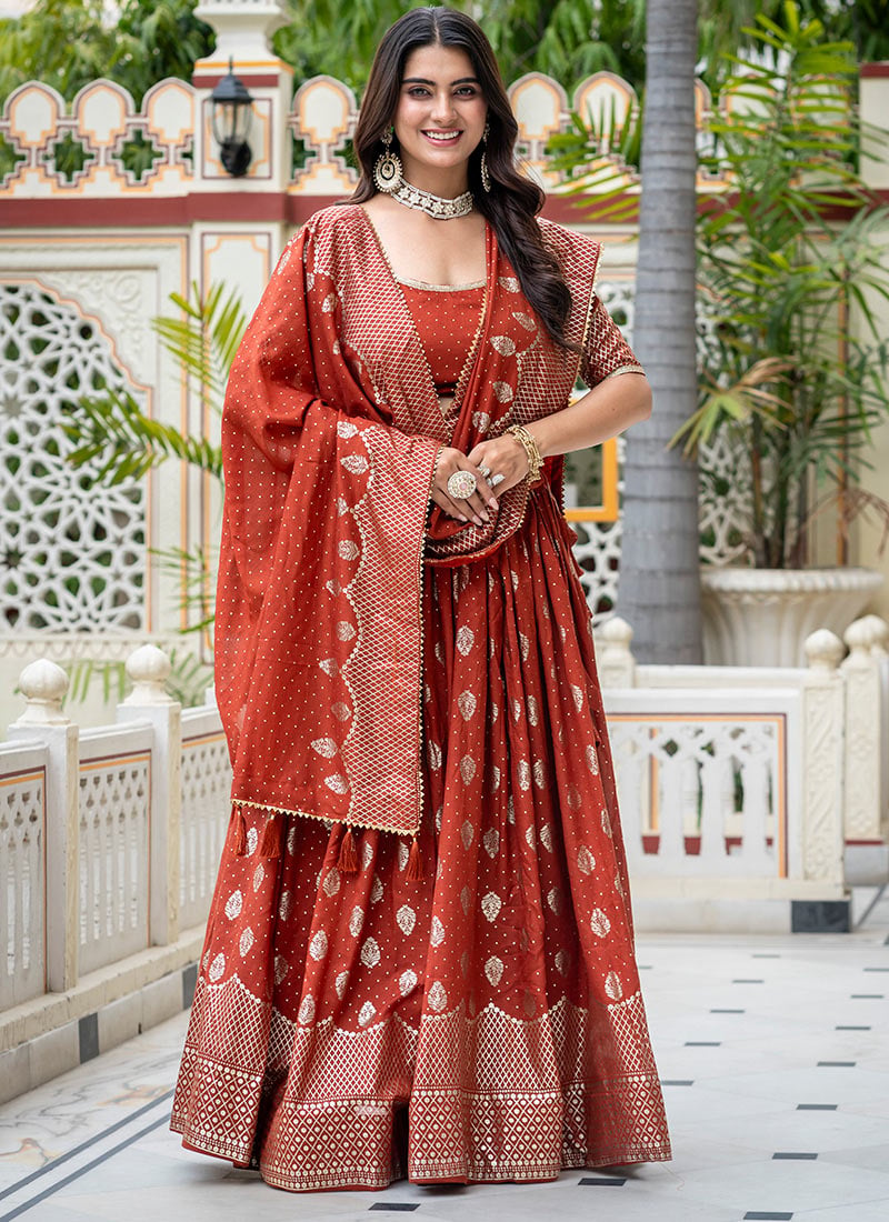 Rust Vichitra Silk Foil Print Lehenga Festive Wear
