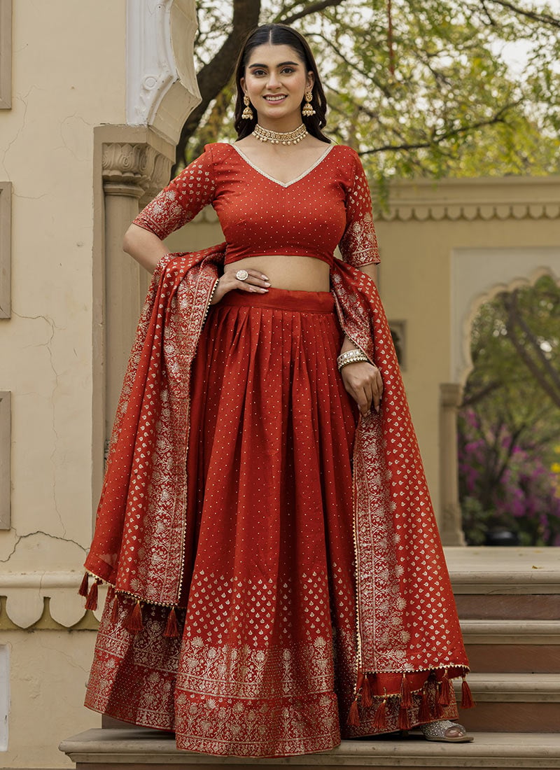 Rust Vichitra Silk Foil Print Stones Lehenga Festive Wear