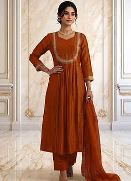 Rust Vichitra Silk Zari Sequins Anarkali Suit