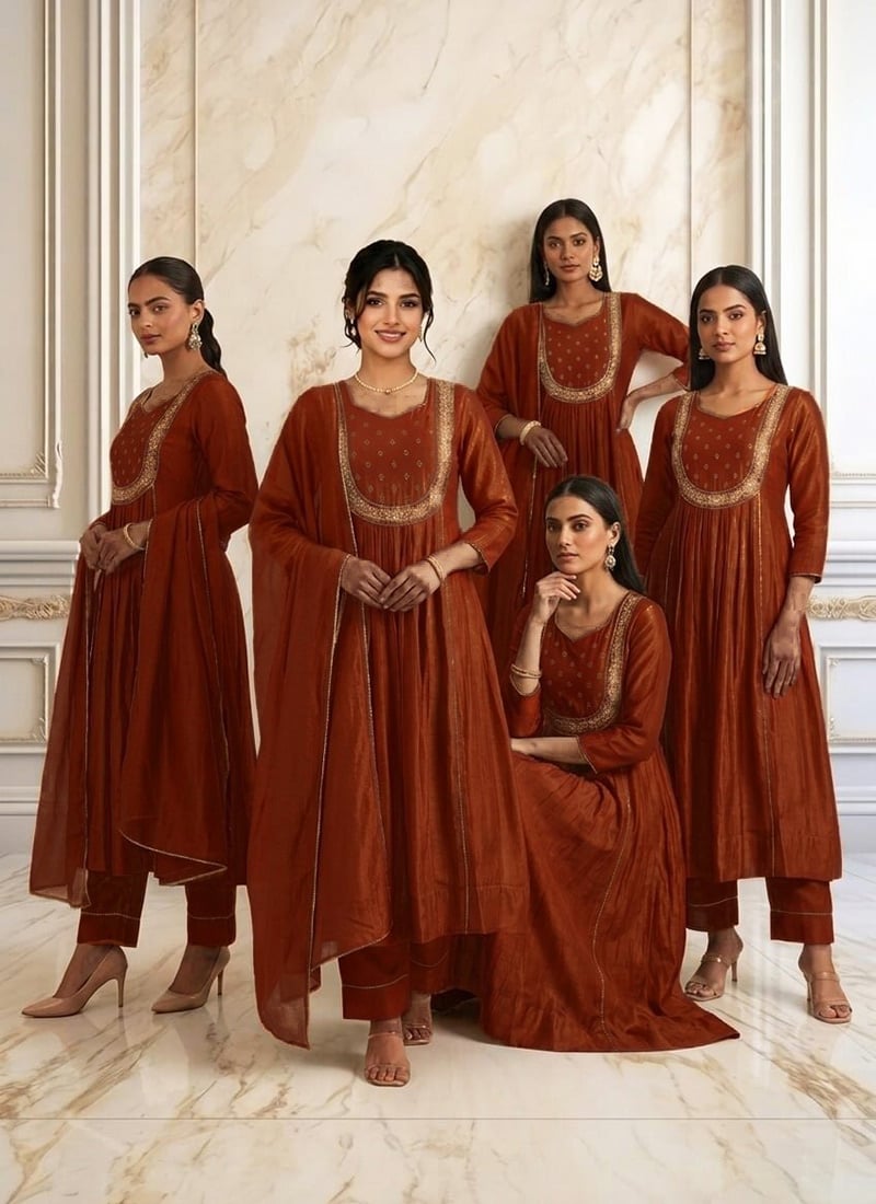 Rust Vichitra Silk Zari Sequins Anarkali Suit Wedding Wear