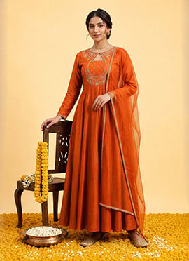 Rust Vichitra Silk Zari Sequins Embroidered Anarkali Suit