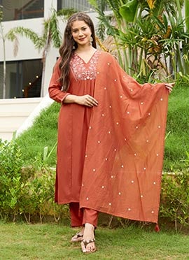 Rust Viscose Blend Embroidered Straight Pant Suit