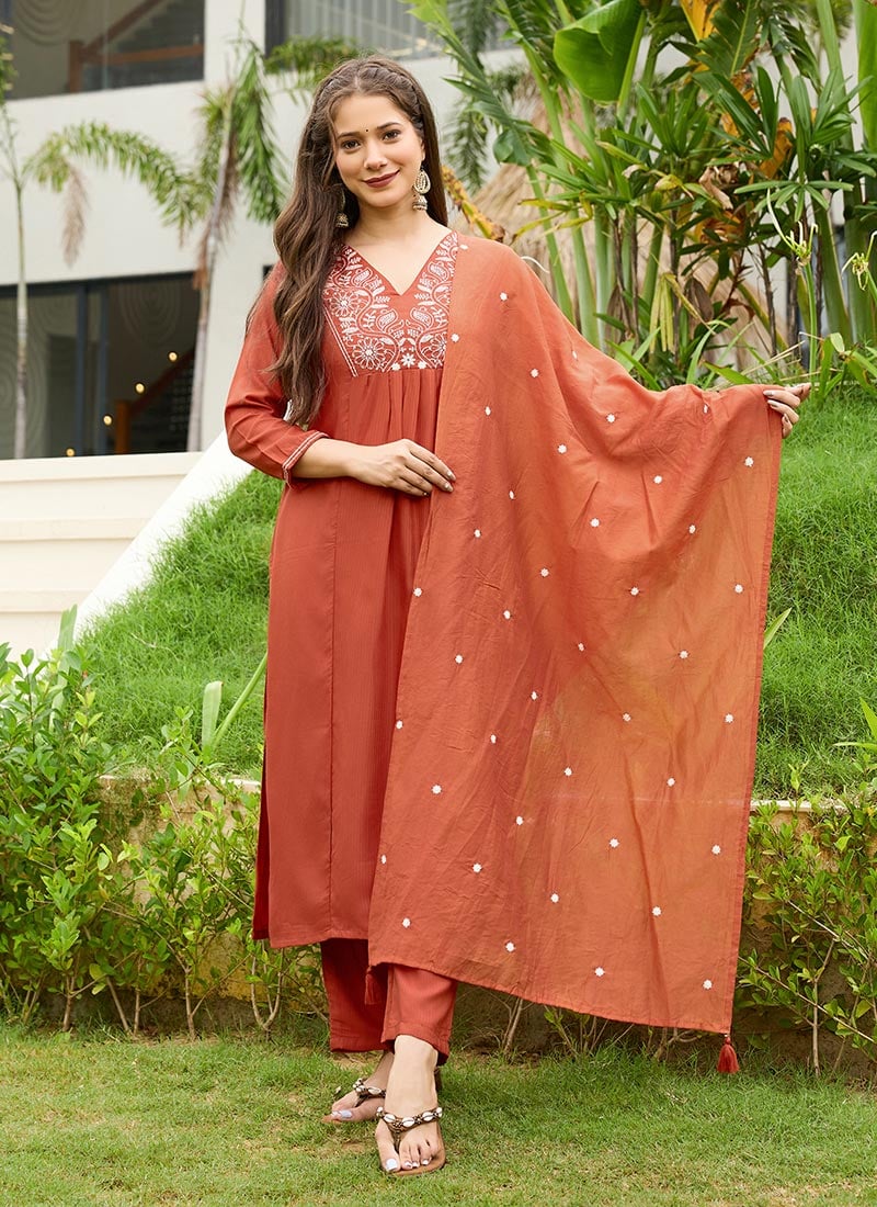 Rust Viscose Blend Embroidered Straight Pant Suit After Six Wear