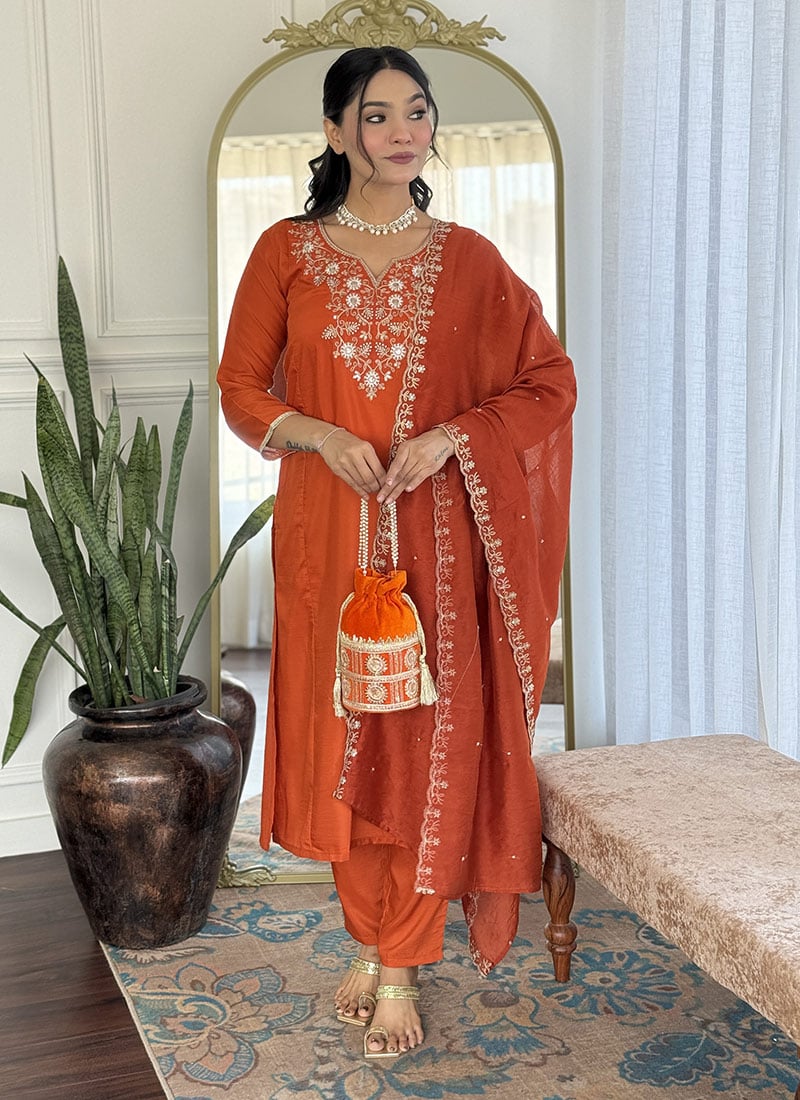 Rust Viscose Chanderi Embroidered Sequins Straight Pant Suit After Six Wear