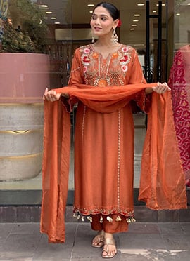 Rust Viscose Embroidered Sequins Straight Pant Suit