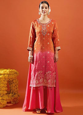 Rust Viscose Jacquard Hand Embroidered Palazzo Suit