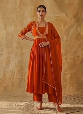 Rust Zari Embroidered Sequins Chanderi Silk Anarkali Suit