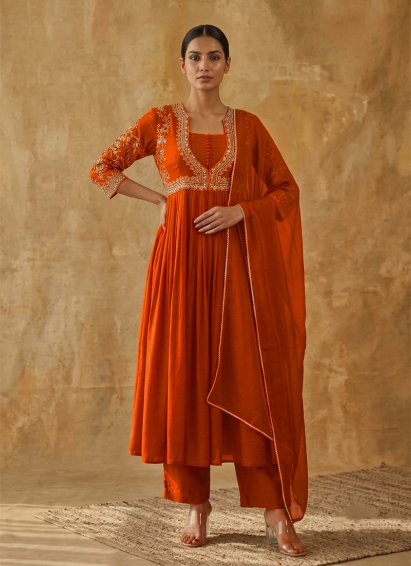 Rust Zari Embroidered Sequins Chanderi Silk Anarkali Suit Festive Wear