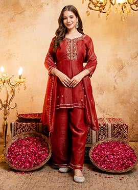 Rust Zari Embroidery Sequins Silk Palazzo Suit
