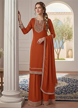 Rust Zari Sequins Chinon Palazzo Suit