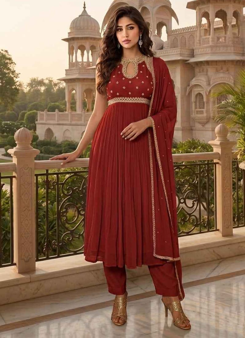 Rust Zari Sequins Georgette Anarkali Suit Wedding Wear