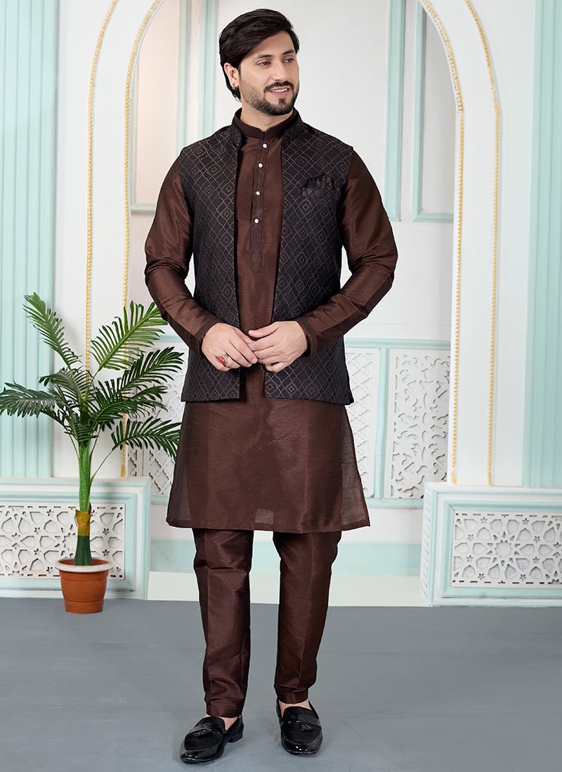 Rustic Brown Silk Jacquard Bandi Set Festive Wear