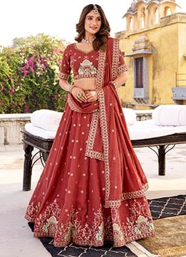 Rusty Red Crush Silk Embroidered Sequins Lehenga